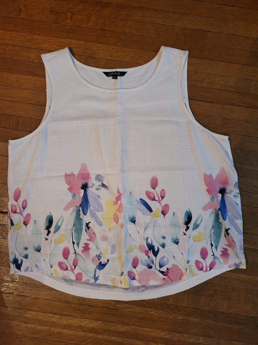 CHARLIE B White Tank with Pink, Blue & Yellow Watercolor Floral Hem
